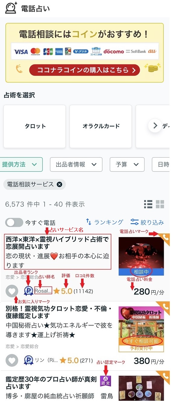 ココナラ電話占いやり方流れ_占い画面の見かた_占い師の選び方